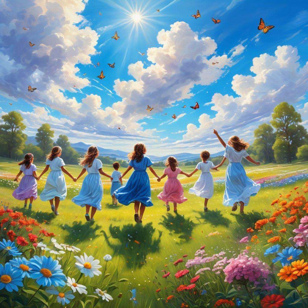 A vibrant landscape featuring a sunlit meadow filled with blooming flowers and fluttering butterflies. In the foreground, a diverse group of people, including different ages and backgrounds, are joyfully engaging in various uplifting activities like dancing, painting, and laughing together. The sky is a brilliant blue with fluffy white clouds, symbolizing hope and positivity. The overall atmosphere is cheerful and inviting, evoking a sense of joy and community. super-realistic. vibrant colors. white background.