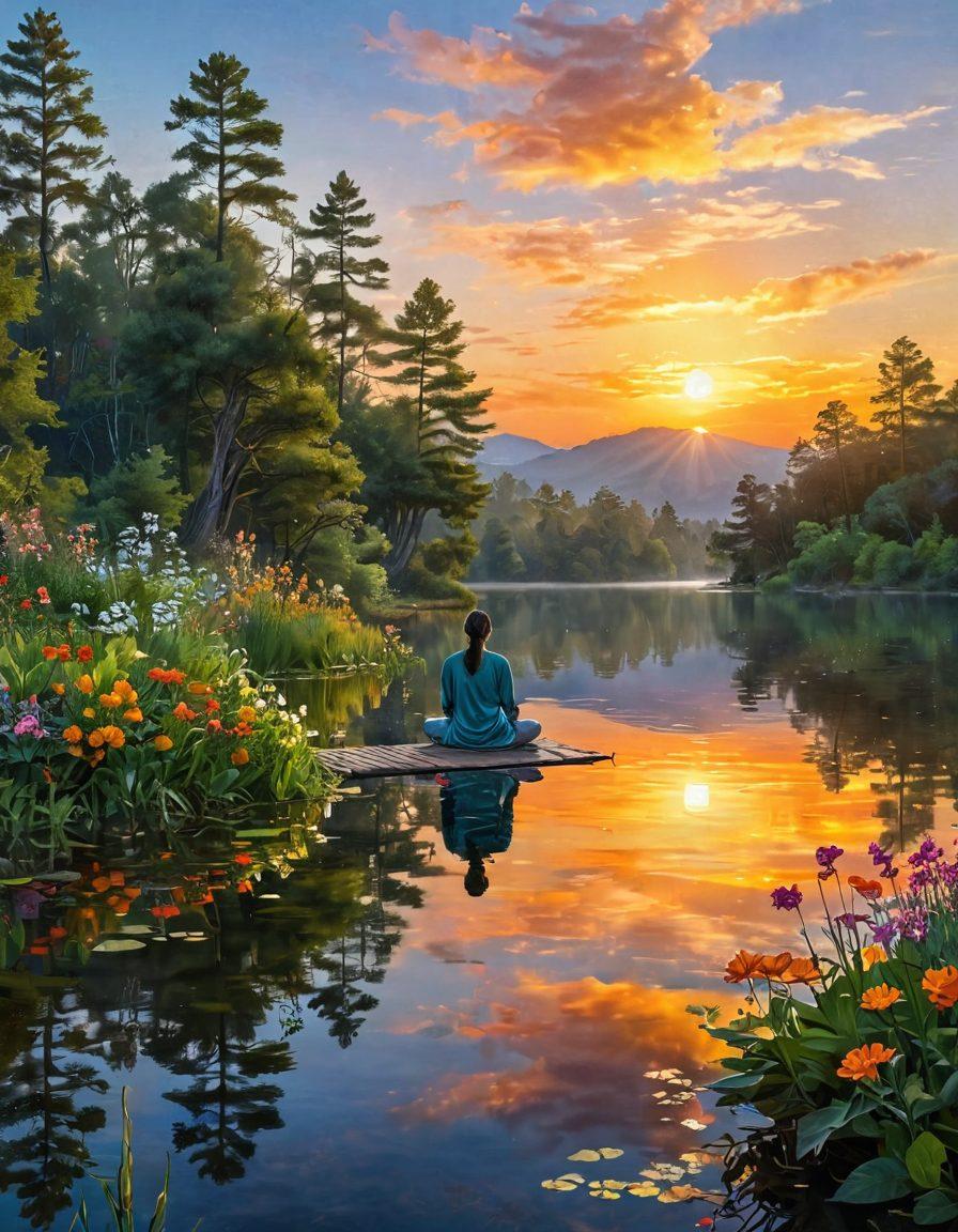 A serene landscape depicting a tranquil lake reflecting a breathtaking sunrise, surrounded by lush greenery and blooming flowers. In the foreground, a person in meditation symbolizes inner peace, while ethereal wisps of light emanate from their heart, representing joy and ecstasy. The scene transitions from calm blues and greens in the foreground to vibrant oranges and yellows in the sky. surreal, vibrant colors, super-realistic.