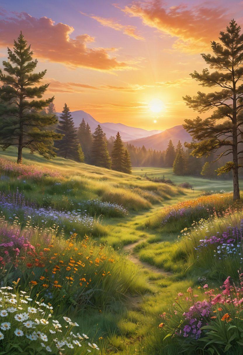 A serene landscape featuring a radiant sunrise over a peaceful meadow, blooming flowers symbolizing growth and joy. People engaging in various uplifting activities, such as meditation, yoga, and laughter, embodying emotional well-being. Soft, warm colors create a harmonious atmosphere. super-realistic. vibrant colors. calming background.